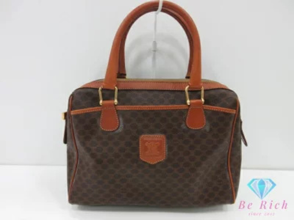 Celine Boston Bag Handbag Macadam Leather Brown Blazon Tote Travel